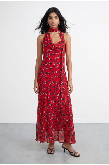 Petite Premium Polka Dot Tie Neck Cowl Dress