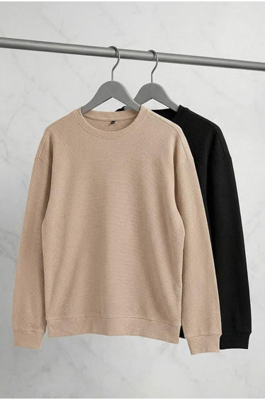 Black - beige new oversize/wide mold 2-pack textured waffle sweatshirt