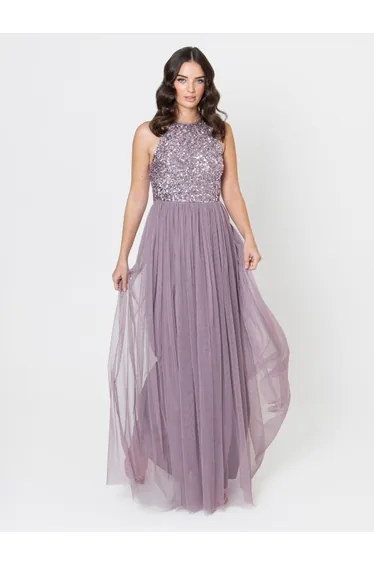 Maya Moody Lilac Embellished Halter Neck Maxi Dress