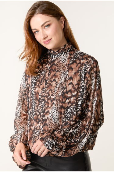 Multi Animal Print Bubble Hem High Neck Blouse