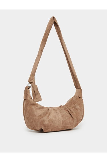 Khaki Suede Crescent Shoulder Bag