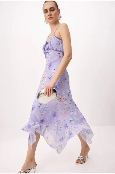Lilac Floral Knitted Tulle Maxi Lined Stylish/Evening Dress with Tie Detail
