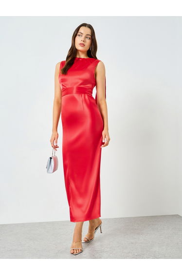 Red Satin Sleeveless Maxi Dress