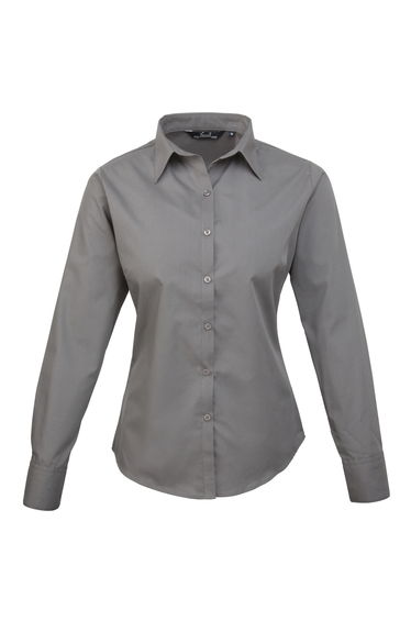 Premier Womens/Ladies Poplin Long Sleeve Blouse / Plain Work Shirt - Dark Grey
