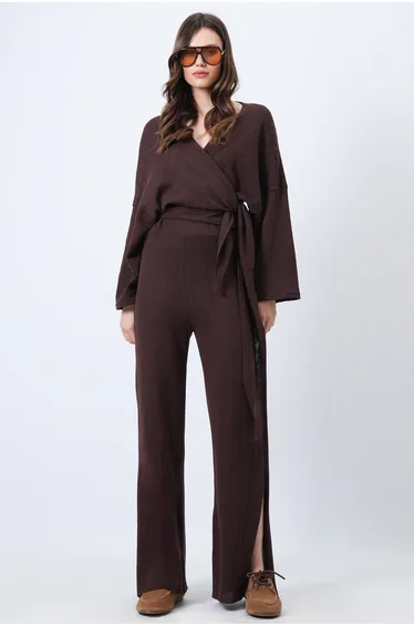 Women's Brown Double-Breasted Tie Blouse Slit Pants Double Knitted Set