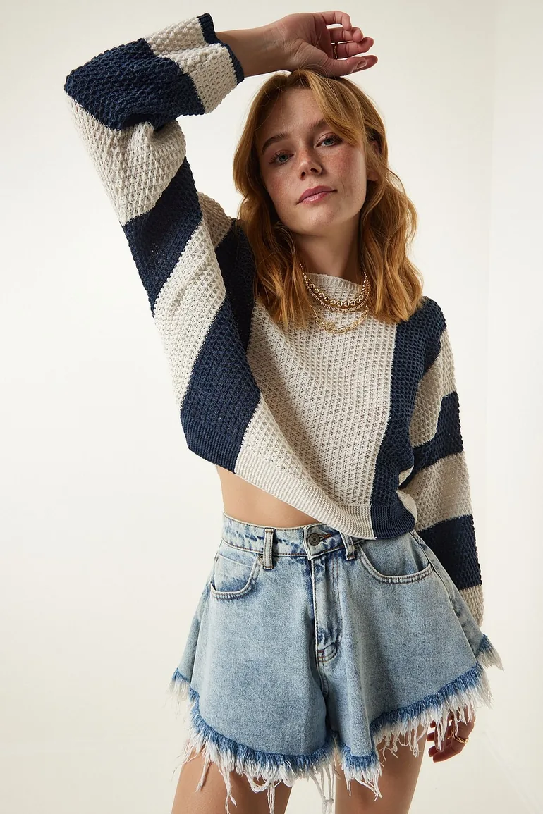 Women's Cream Navy Blue Striped Seasonal Knitwear Sweater - 1