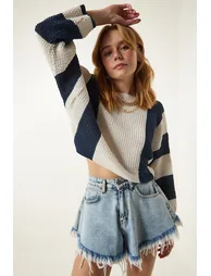 Women's Cream Navy Blue Striped Seasonal Knitwear Sweater - 1