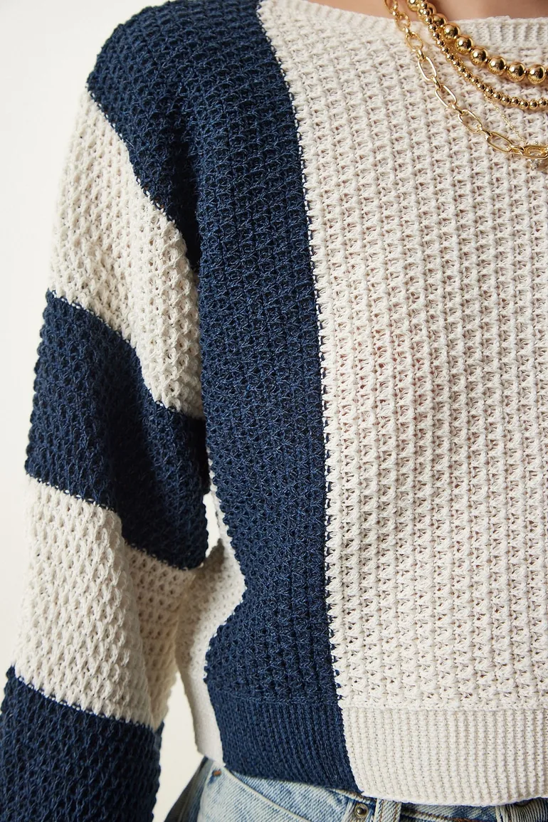 Women's Cream Navy Blue Striped Seasonal Knitwear Sweater - 4