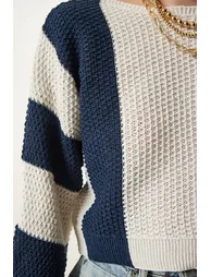 Women's Cream Navy Blue Striped Seasonal Knitwear Sweater - 4