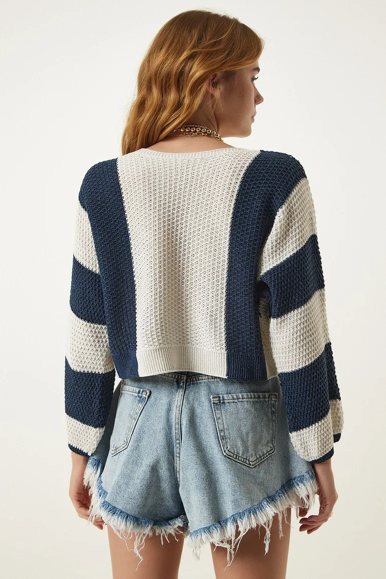 Women's Cream Navy Blue Striped Seasonal Knitwear Sweater - 3