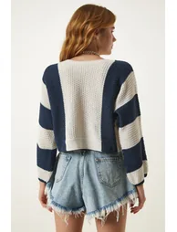Women's Cream Navy Blue Striped Seasonal Knitwear Sweater - 3