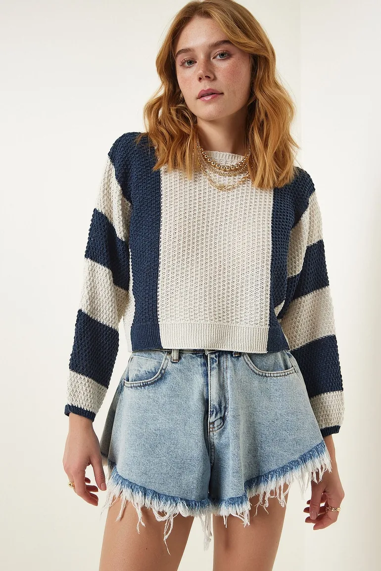 Women's Cream Navy Blue Striped Seasonal Knitwear Sweater - 2