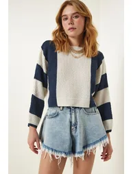 Women's Cream Navy Blue Striped Seasonal Knitwear Sweater - 2