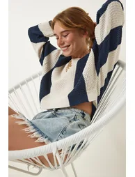 Women's Cream Navy Blue Striped Seasonal Knitwear Sweater