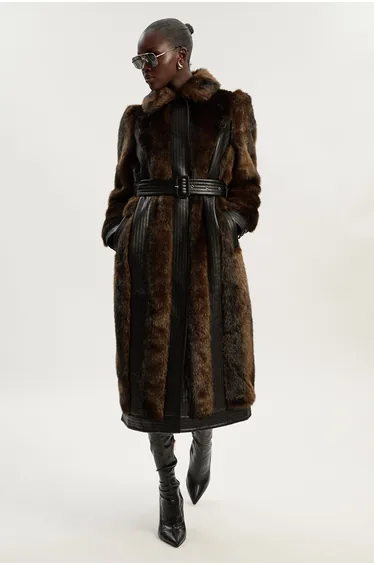 Petite Faux Fur PU Panelled Belted Midi Coat