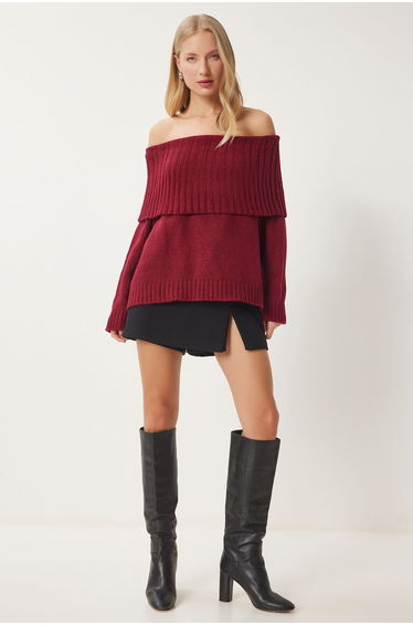 Women's Burgundy Madonna Collar Knitwear Sweater