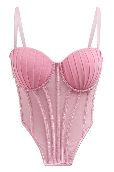 Bead Embellished Pleated Mesh Bustier Top in Pink
