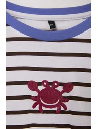 Brown-Ecru Crab Embroidered Striped Contrast Collar Detail Knitted Oversize T-Shirt - 6