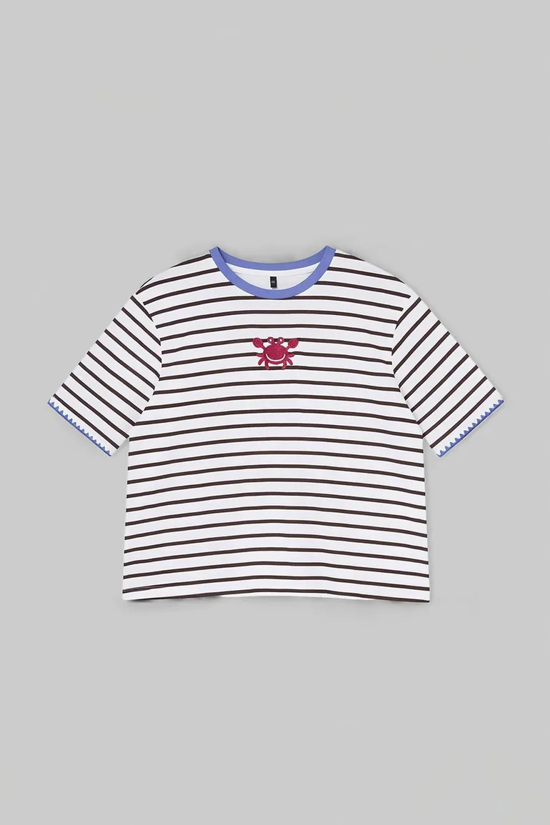 Brown-Ecru Crab Embroidered Striped Contrast Collar Detail Knitted Oversize T-Shirt - 4