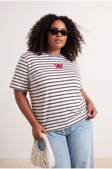 Brown-Ecru Crab Embroidered Striped Contrast Collar Detail Knitted Oversize T-Shirt