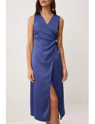Petrol Accessory Detail Double-Breasted Closed Satin Midi Woven Dress - 2