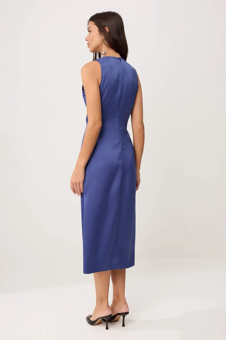 Petrol Accessory Detail Double-Breasted Closed Satin Midi Woven Dress - 3