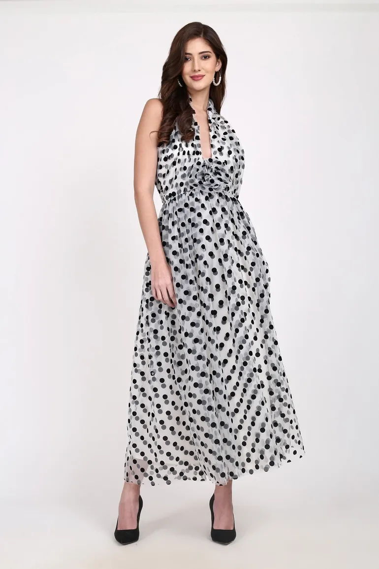 chinese dress ladies Polka Dot Satin Lace Maxi Dress – self-portrait-US