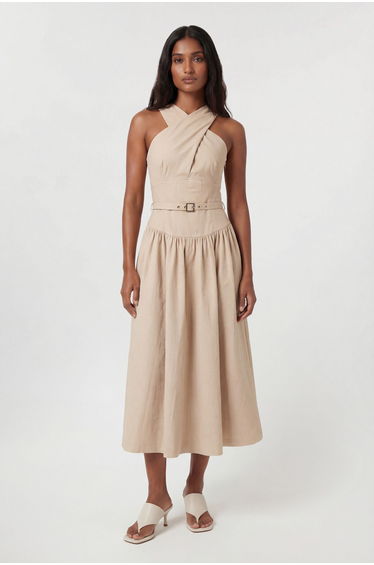 Premium Tailored Linen Halter Neck Belted Full Midi Dress