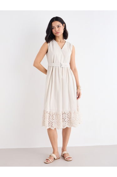 Beige Schiffli Hem Midi Dress