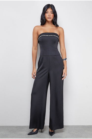 Gem Embellished Satin Bandeau Jumpsuit