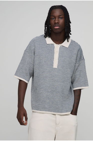 Relaxed Textured Stripe Extended Placket Knitted Polo - navy