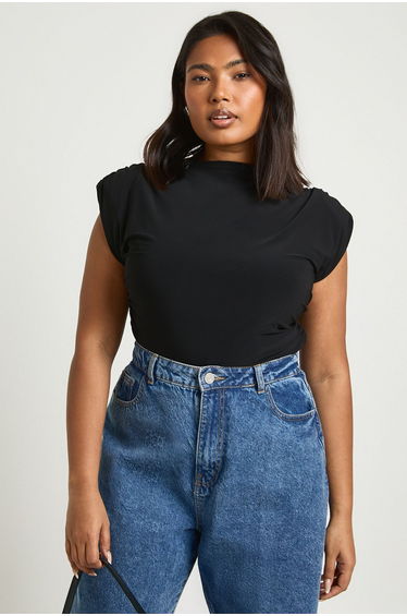 Plus Shoulder Pad Sleeveless Bodysuit - black
