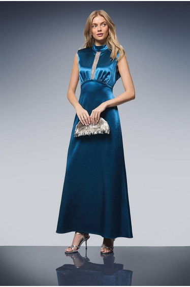 Lace Insert Sleeveless High Neck Midi Dress