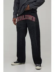 Leopard Varsity Applique Relaxed Fit Jeans - washed black