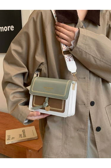 Green Color Block Shoulder Bag with Flap Closure