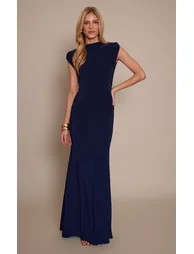 Navy Double Layer Slinky Ruched Shoulder Detail Maxi Dress