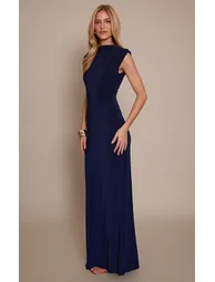 Navy Double Layer Slinky Ruched Shoulder Detail Maxi Dress - 2