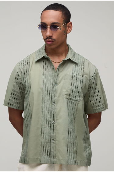 Oversized Embroidered Stripe Short Sleeve Shirt - sage