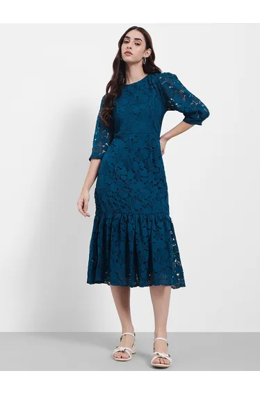 3/4 Sleeves Lace Insert Frill Hem Bodycon Midi Dress