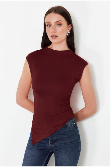Claret Red Stand Collar Gathered/Drape Detailed Fitted/Body-Sit Asymmetrical Knitted Blouse