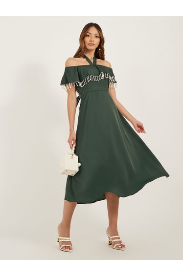 Halter Cold Shoulder Embellished Midi Dress