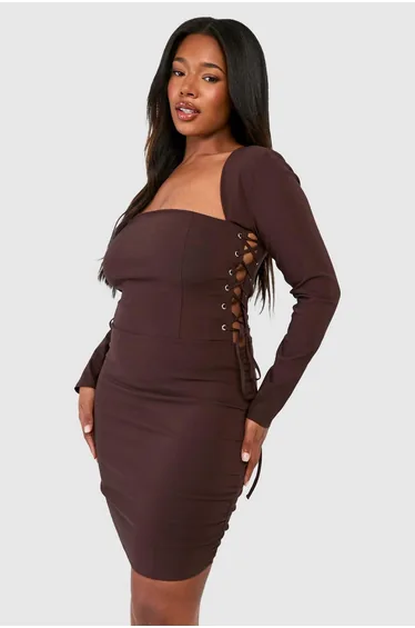 Plus Bengaline Lace Up Square Neck Corset Bodycon Dress - chocolate