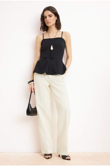 Black Peplum Square Neck Thin Strap Sleeveless Scuba Crepe Knitted Blouse