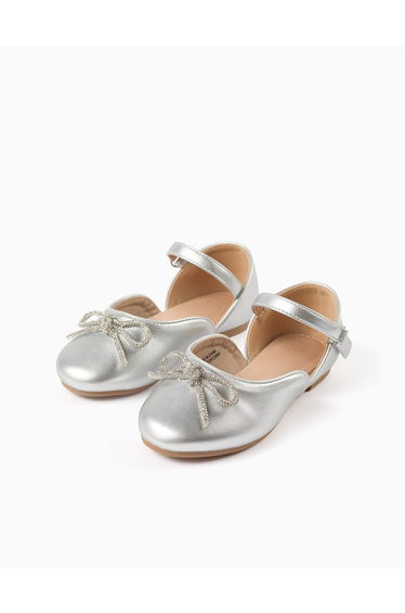 Ballerina shoes with cut outs and bow for girls silver