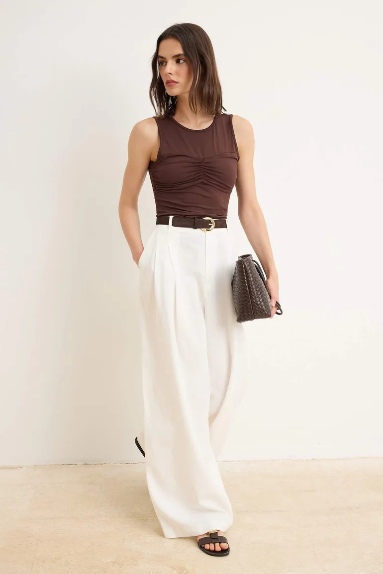 Brown Plain Fitted Crew Neck Sleeveless Ruched Stretchy Knitted Blouse