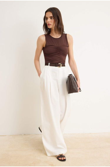Brown Plain Fitted Crew Neck Sleeveless Ruched Stretchy Knitted Blouse