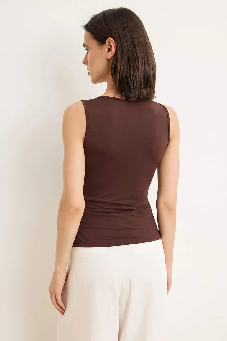 Brown Plain Fitted Crew Neck Sleeveless Ruched Stretchy Knitted Blouse - 3