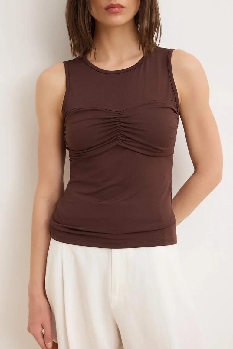 Brown Plain Fitted Crew Neck Sleeveless Ruched Stretchy Knitted Blouse - 2