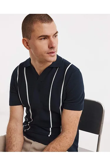 Stripe Open Neck Knitted Polo