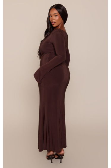 Plus Slinky Chocolate Fishtail Bardot Long Sleeve Maxi Dress product thumbnail 2